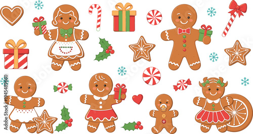 Cute gingerbread cookies Christmas vector set with festive characters, candy canes, gifts, snowflakes, and holiday bakery dessert decorations