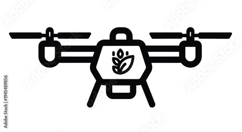 Black and white illustration of a quadcopter drone with a leaf logo