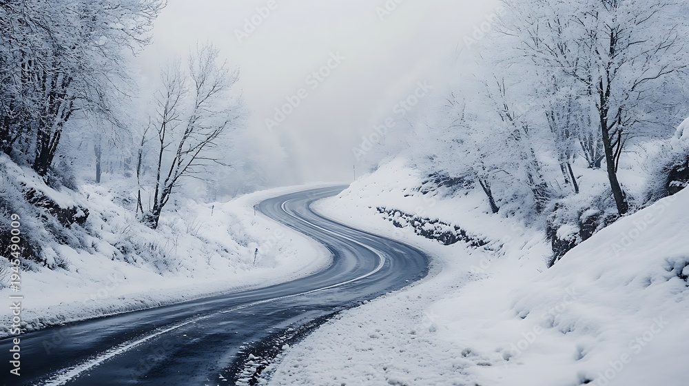 Obraz premium Winding road through snow covered landscape during winter season