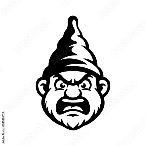 Dibujo sencillo con líneas de la cabeza con gorro y barba de un gnomo enojado