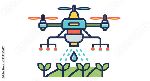 Agricultural drone spraying crops with a blue water droplet illustrated style