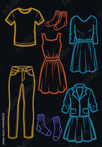 Colorful vector outlines of fashion clothing items, including t-shirts, jeans, dresses, and socks, hand-drawn in a textured sketch style on a dark background