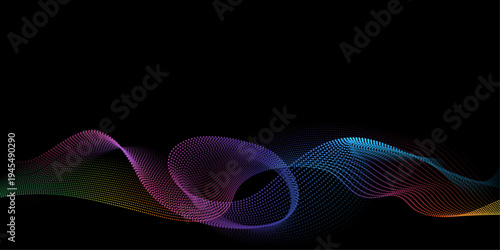 Vector design element. Abstract digital dynamic neon light, wavy lines with purple blue, colorful gradient for backgrounds. Illustration glowing and flowing wave line motion on dark blue color