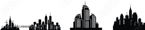 Modern black and white cityscape skyline silhouette with detailed skyscrapers and iconic buildings