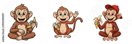 Photography Set of three cute cartoon monkey characters eating bananas and waving in differe