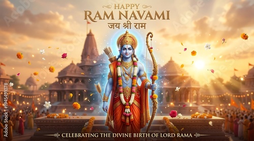 Happy Ram Navami festival celebration poster with divine Lord Rama holding bow golden glow vibrant colors social media banner design