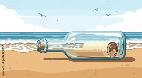 Message in a bottle, beach scene, illustration, vector graphics, eps file