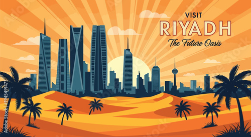Vector illustration of Riyadh cityscape with palm trees and desert landscape