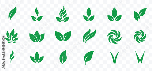 Green Leaf Icons Set. Eco and Nature Logos. Organic Plant Symbols for Environment, Health, and Sustainable Branding. Vector Collection.