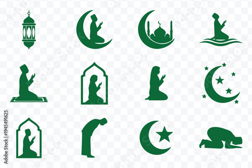 Islamic Prayer Icons Set Muslim Worship, Ramadan and Crescent Moon Vector Collection