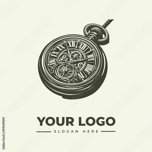 A vintage engraving of a pocket watch with Roman numerals and exposed gears on a simple background with space for a logo and slogan.