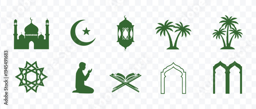 Islamic Symbols Vector Set Ramadan and Eid Icons Mosque, Crescent Moon, Lantern, Quran, Palm Trees