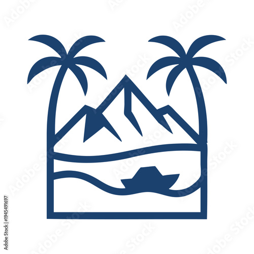 Logo agencia de viajes. Vacaciones de verano. Dibujo sencillo con líneas de un paisaje con la palma en una isla con montaña, olas y un barco 