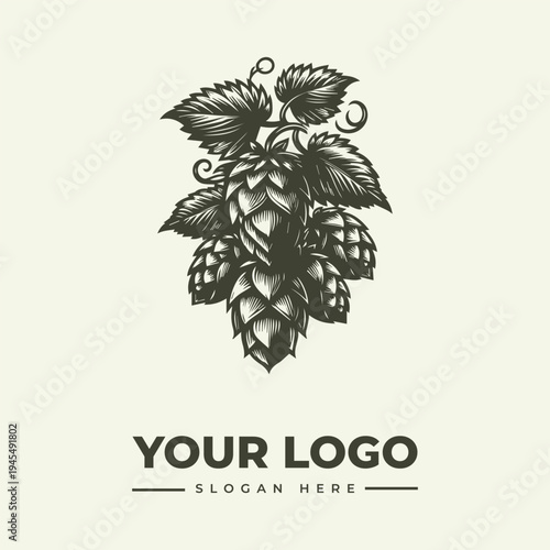 Black vintage woodcut illustration of hops with leaves and cones on a cream background, with a logo placeholder and space for a slogan.