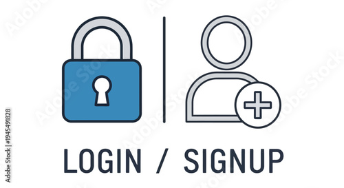Login and signup icons with padlock and user profile plus symbol