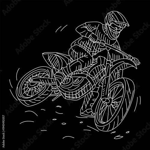 Outline motocross rider on motorcycle in fast motion isolated on black background. Flat style for extreme sports posters, racing club banners, biker stickers or transport graphic design.