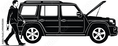 Black silhouette of a mechanic repairing a car underbody on a lift isolated on white background for automotive service workshop.