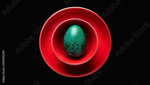 Wallpaper Mural green chicken egg with speckled shell in red concentric bowls on a black background organic egg isolated Torontodigital.ca