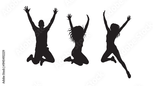 Silhouettes of three diverse people jumping joyfully with arms raised against a clean white background, representing celebration and energy.