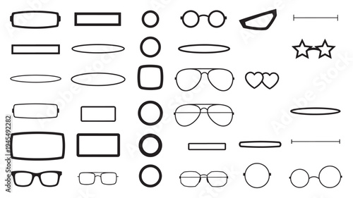 Collection of black outline eyeglass frames and shapes on a white background, including circles, ovals, and rectangles.