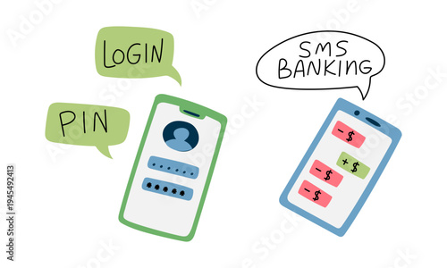 Flat illustration of mobile banking security with login screen, pin code and sms notification on smartphones. Finance graphic for business web banners, secure app interfaces or service stickers.