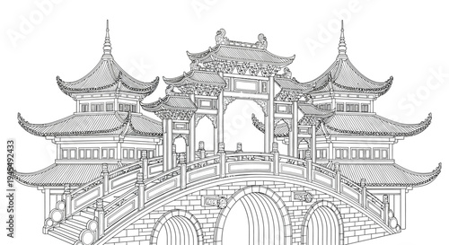 Asian, Chinese, Pagoda Gate, Bridge, Architectural Illustration, EPS Vector