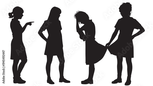 Girls silhouettes in different poses, depicting interaction, conflict, and embarrassment with one girl lifting another's skirt.
