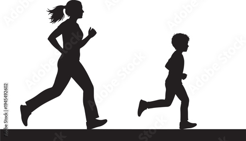 Silhouettes of a woman and a boy running together side by side, showcasing fitness and companionship.