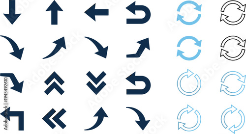 Arrow direction and refresh icons set with curved arrows navigation symbols rotation reload pointers vector collection isolated