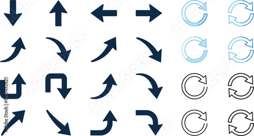 Arrow direction and refresh rotation icons set with curved arrows navigation reload symbols vector interface elements collection