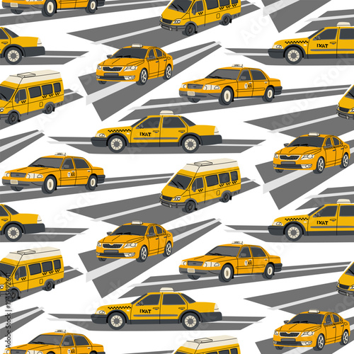 Seamless pattern with flat yellow taxi cars and minivans on abstract grey city roads. Urban transport background for fabric print, wrapping paper, taxi service website or mobile app design