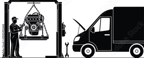 Black silhouette of mechanic repairing truck engine with crane hoist in garage workshop isolated on white background for automotive service.