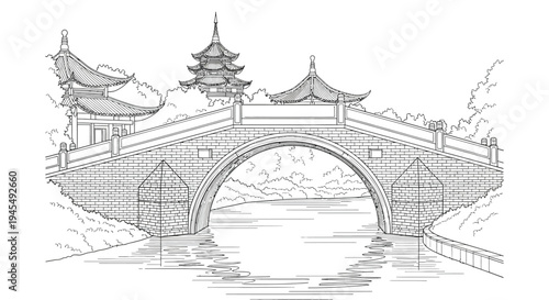 Vector illustration of Asian pagoda bridge over water