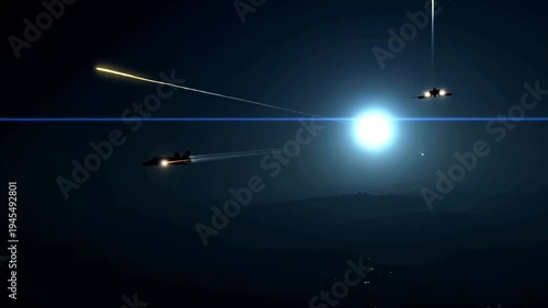 Fighter jets launching missiles at night with bright lights