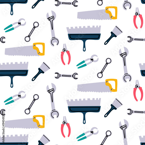 Seamless pattern with flat hand tools for repair including saw, wrench, pliers and spatula. Construction background for hardware store banners, wrapping paper, textile or DIY website design