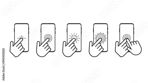Smartphone icons showing finger gestures for touch input with different visual feedback effects and two finger touch.