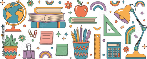 Cute colorful school classroom supplies collection with globe books pencils calculator lamp ruler and stationery doodle vector illustration