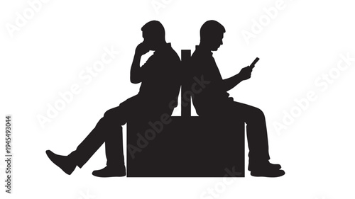 Silhouettes of two men sitting back to back using their mobile phones, isolated on a white background