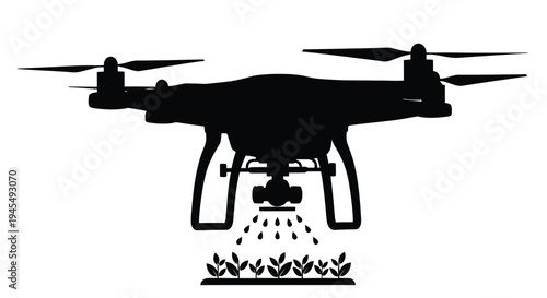 Black silhouette of a drone flying over green foliage depicting aerial view