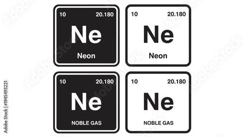 Neon element symbols with atomic number and atomic mass on black and white backgrounds. featuring Ne, symbol, periodic table with science and