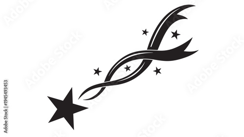 Star shooting star with trailing ribbon and smaller stars against a white background, symbolizing celestial movement and wishes