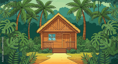 Vector illustration of a wooden hut in a tropical jungle
