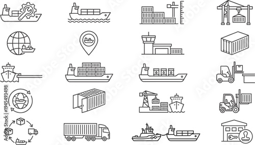 Logistics and shipping outline icon set with cargo ships, containers, cranes, trucks, warehouse, port terminals, and global freight transport symbols