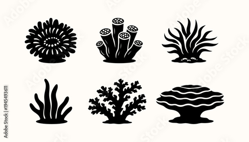Underwater Coral Reef Silhouette Collection, Marine Coral and Sea Plants Set Isolated on White