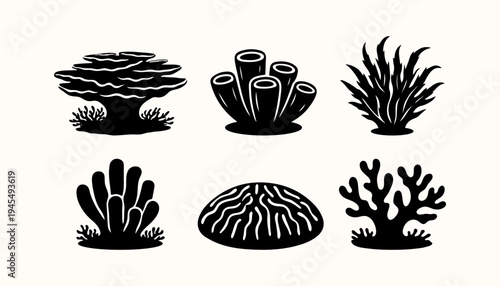 Coral Reef Silhouette Collection with Brain Coral, Sea Sponge and Marine Plants, Underwater Ocean Set