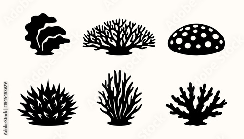 Marine Coral Reef Silhouette Set with Branch Coral and Sea Plants, Underwater Ocean Clipart