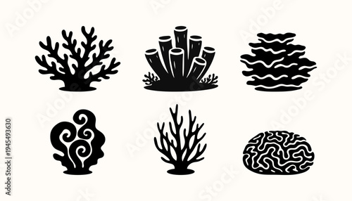 Coral Reef Silhouette Set with Brain Coral and Sea Sponge, Marine Life Underwater Ocean Nature Illustration