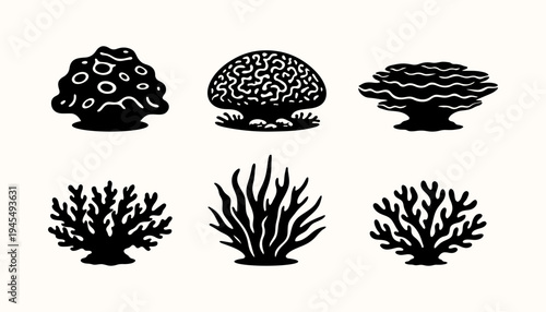 Coral Reef Silhouette Collection with Brain Coral and Marine Plants, Underwater Ocean Elements