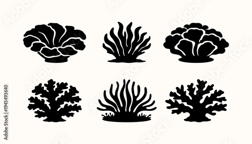 Tropical Coral Reef Silhouette Set, Marine Underwater Coral and Sea Plants Collection