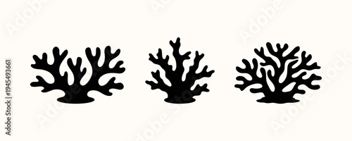 Black Coral Reef Silhouettes Set, Marine Coral Branch Shapes, Underwater Ocean Nature Illustration Isolated